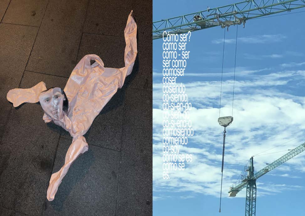 A crane against clouds, with the word “ser” broken across the sky.